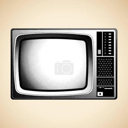 Téléchargez les photos : Illustration du téléviseur CRT gravé Scratchboard avec remplissage blanc isolé sur fond beige - en image libre de droit