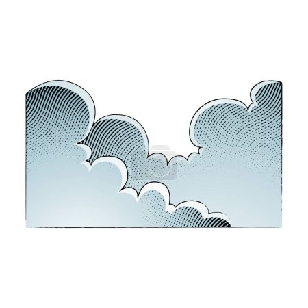 Téléchargez les photos : Scratchboard Illustration gravée de nuages avec remplissage bleu isolé sur un fond blanc - en image libre de droit