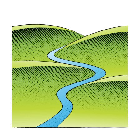 Téléchargez les photos : Scratchboard Illustration gravée de collines et de rivière avec remplissage coloré isolé sur un fond blanc - en image libre de droit