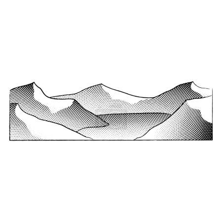 Téléchargez les photos : Scratchboard Illustration gravée du lac Mountain isolé sur fond blanc - en image libre de droit