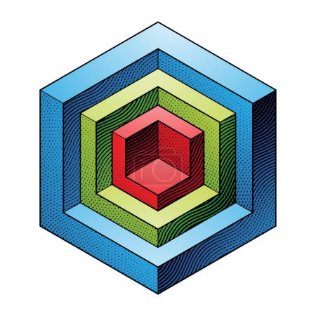Téléchargez les photos : Illustration de formes cubiques gravées Scratchboard avec remplissage coloré isolé sur un fond blanc - en image libre de droit