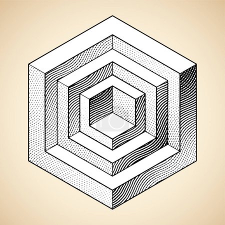 Téléchargez les photos : Illustration de formes cubiques gravées Scratchboard avec remplissage blanc isolé sur un fond beige - en image libre de droit