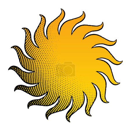Téléchargez les photos : Illustration de l'icône gravée du soleil avec remplissage jaune isolé sur un fond blanc - en image libre de droit