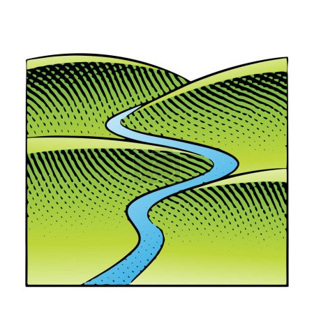 Téléchargez les photos : Gravure sur planche à gratter des collines et de la rivière avec remplissage coloré isolé sur fond blanc - en image libre de droit