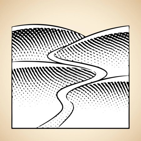 Téléchargez les photos : Gravure des collines et de la rivière avec remplissage blanc isolé sur un fond blanc - en image libre de droit