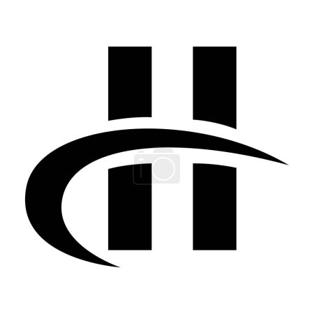 Foto de Icono de la letra H negra con rectángulos verticales y un swoosh sobre un fondo blanco - Imagen libre de derechos