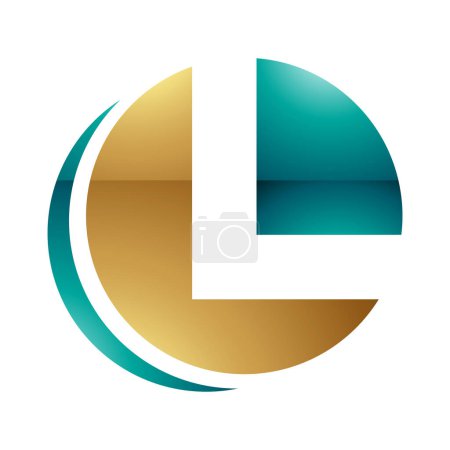 Téléchargez les photos : Icône L en forme de cercle brillant persan vert et or sur fond blanc - en image libre de droit