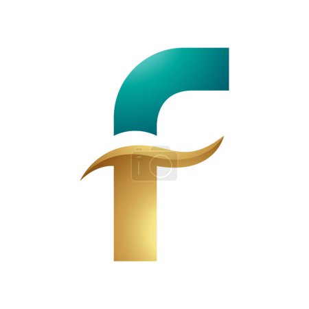 Photo for Persian Green and Golden Glossy Letter F Icon with Spiky Waves on a White Background - Royalty Free Image