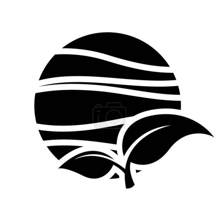 Foto de Icono abstracto negro de hojas sobre un círculo rayado sobre un fondo blanco - Imagen libre de derechos