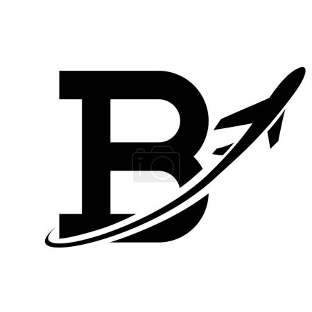 Photo for Black Antique Letter B Icon with an Airplane on a White Background - Royalty Free Image