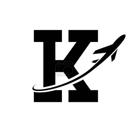 Photo for Black Antique Letter K Icon with an Airplane on a White Background - Royalty Free Image