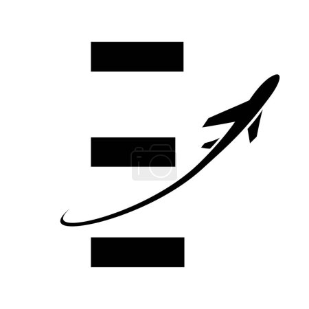 Téléchargez les photos : Icône de lettre E futuriste noire avec un avion sur fond blanc - en image libre de droit
