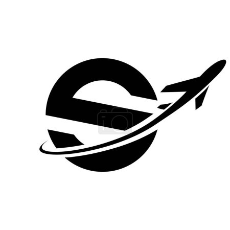Téléchargez les photos : Icône S en minuscule noire avec un avion sur fond blanc - en image libre de droit