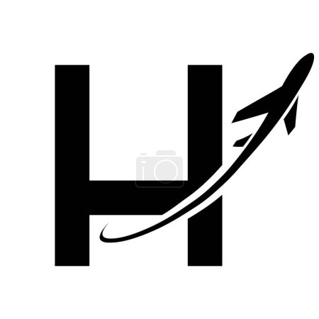 Photo for Black Uppercase Letter H Icon with an Airplane on a White Background - Royalty Free Image