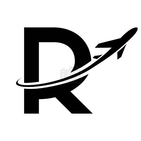 Téléchargez les photos : Lettre majuscule noire R Icône avec un avion sur fond blanc - en image libre de droit