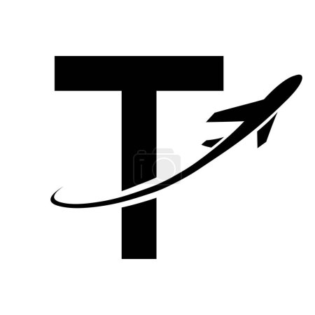Téléchargez les photos : Lettre majuscule noire Icône T avec un avion sur fond blanc - en image libre de droit