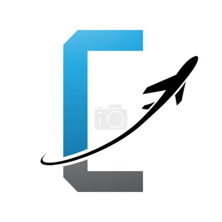 Photo for Blue and Black Futuristic Letter C Icon with an Airplane on a White Background - Royalty Free Image