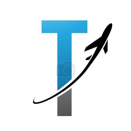 Foto de Icono de letra T futurista azul y negro con un avión sobre un fondo blanco - Imagen libre de derechos