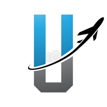 Photo for Blue and Black Futuristic Letter U Icon with an Airplane on a White Background - Royalty Free Image