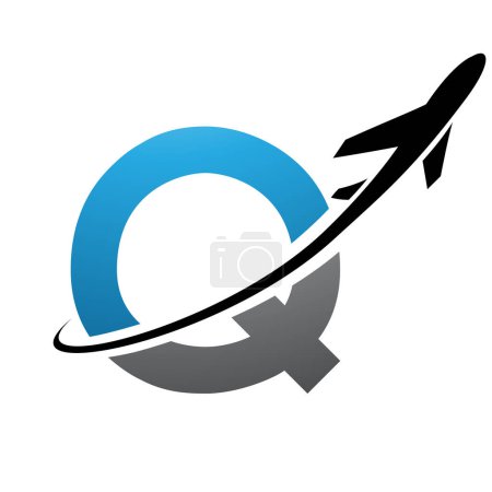 Photo for Blue and Black Uppercase Letter Q Icon with an Airplane on a White Background - Royalty Free Image