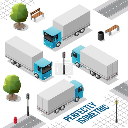 Téléchargez les photos : Grand camion isométrique bleu de l'avant arrière droit et gauche Vues isolées sur blanc - en image libre de droit