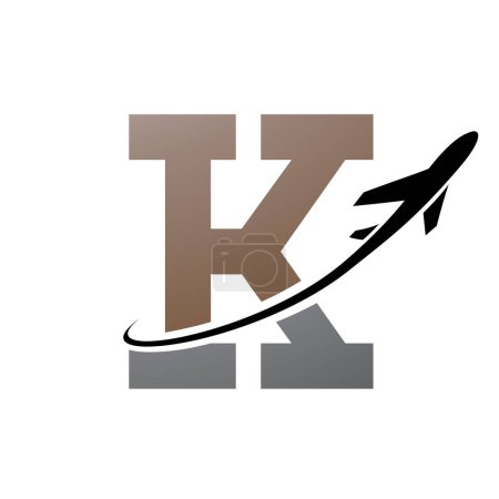 Photo for Brown and Black Antique Letter K Icon with an Airplane on a White Background - Royalty Free Image
