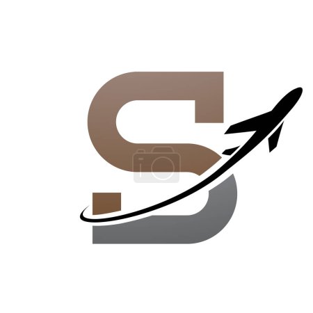 Photo for Brown and Black Antique Letter S Icon with an Airplane on a White Background - Royalty Free Image