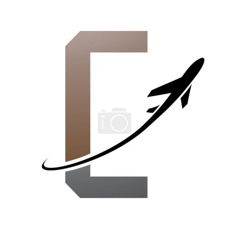 Foto de Icono de letra C futurista marrón y negro con un avión sobre un fondo blanco - Imagen libre de derechos