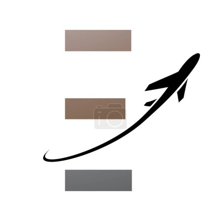 Téléchargez les photos : Icône de lettre E futuriste marron et noir avec un avion sur fond blanc - en image libre de droit