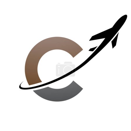 Foto de Icono de letra C en minúscula marrón y negra con un avión sobre fondo blanco - Imagen libre de derechos