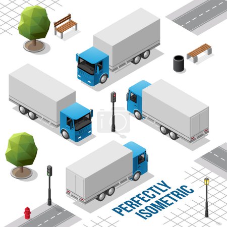 Téléchargez les photos : Grand camion isométrique bleu foncé de l'avant arrière droit et gauche Vues isolées sur blanc - en image libre de droit