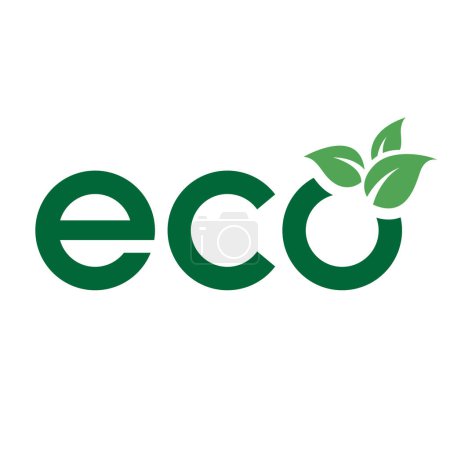 Eco Icône avec des lettres minuscules vert foncé et 3 feuilles sur un fond blanc