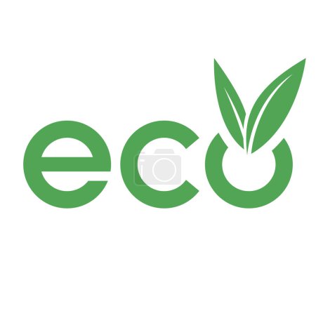 Foto de Eco icono con letras minúsculas verdes y hojas en forma de V sobre un fondo blanco - Imagen libre de derechos