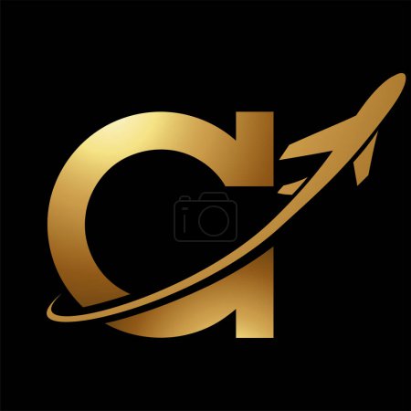 Photo for Glossy Gold Antique Letter C Icon with an Airplane on a Black Background - Royalty Free Image