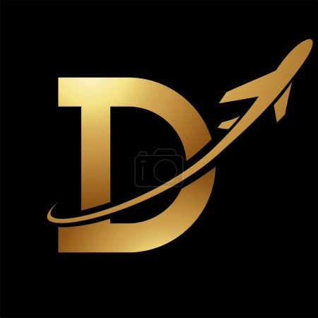 Photo for Glossy Gold Antique Letter D Icon with an Airplane on a Black Background - Royalty Free Image