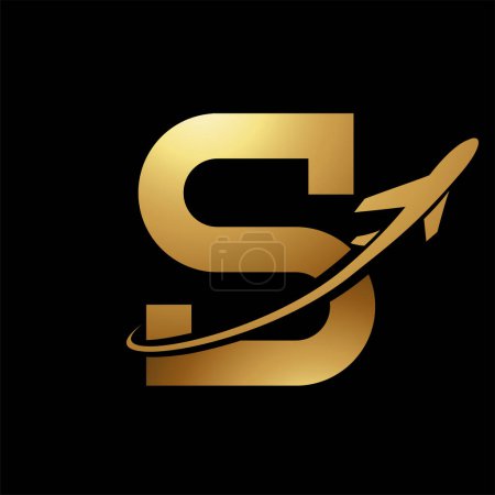 Photo for Glossy Gold Antique Letter S Icon with an Airplane on a Black Background - Royalty Free Image