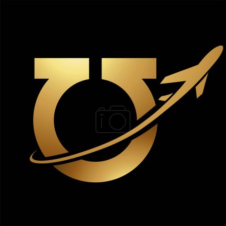 Photo for Glossy Gold Antique Letter U Icon with an Airplane on a Black Background - Royalty Free Image