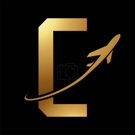 Foto de Icono de letra C futurista de oro brillante con un avión sobre un fondo negro - Imagen libre de derechos