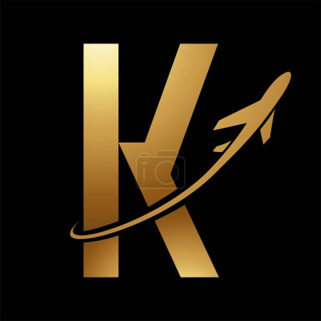 Photo for Glossy Gold Futuristic Letter K Icon with an Airplane on a Black Background - Royalty Free Image