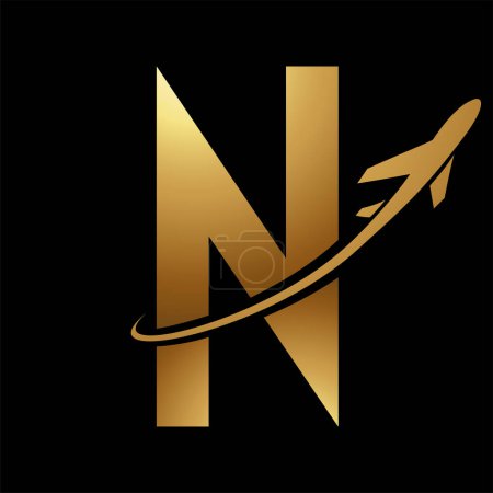 Photo for Glossy Gold Futuristic Letter N Icon with an Airplane on a Black Background - Royalty Free Image