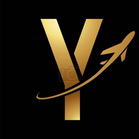 Photo for Glossy Gold Futuristic Letter Y Icon with an Airplane on a Black Background - Royalty Free Image