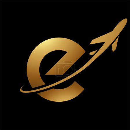 Photo for Glossy Gold Lowercase Letter E Icon with an Airplane on a Black Background - Royalty Free Image