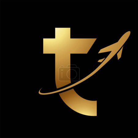 Photo for Glossy Gold Lowercase Letter T Icon with an Airplane on a Black Background - Royalty Free Image