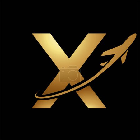 Photo for Glossy Gold Lowercase Letter X Icon with an Airplane on a Black Background - Royalty Free Image
