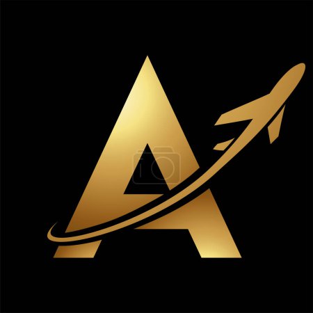 Photo for Glossy Gold Uppercase Letter A Icon with an Airplane on a Black Background - Royalty Free Image