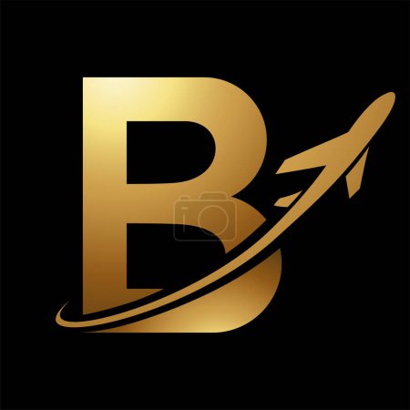 Foto de Brillante oro mayúscula letra B icono con un avión sobre un fondo negro - Imagen libre de derechos