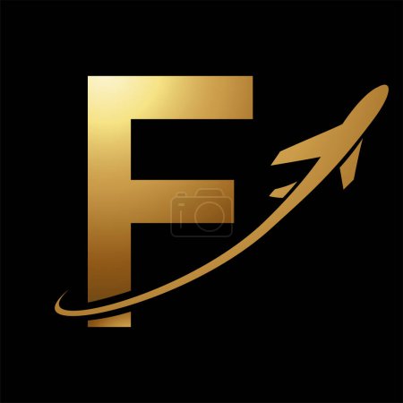 Photo for Glossy Gold Uppercase Letter F Icon with an Airplane on a Black Background - Royalty Free Image