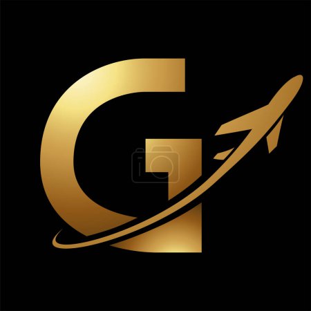 Photo for Glossy Gold Uppercase Letter G Icon with an Airplane on a Black Background - Royalty Free Image