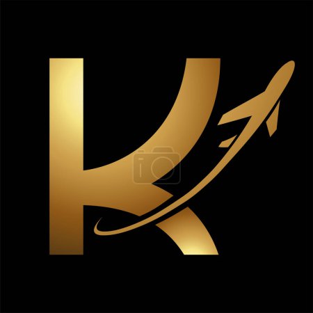 Photo for Glossy Gold Uppercase Letter K Icon with an Airplane on a Black Background - Royalty Free Image