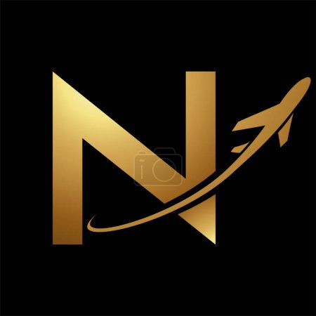 Photo for Glossy Gold Uppercase Letter N Icon with an Airplane on a Black Background - Royalty Free Image
